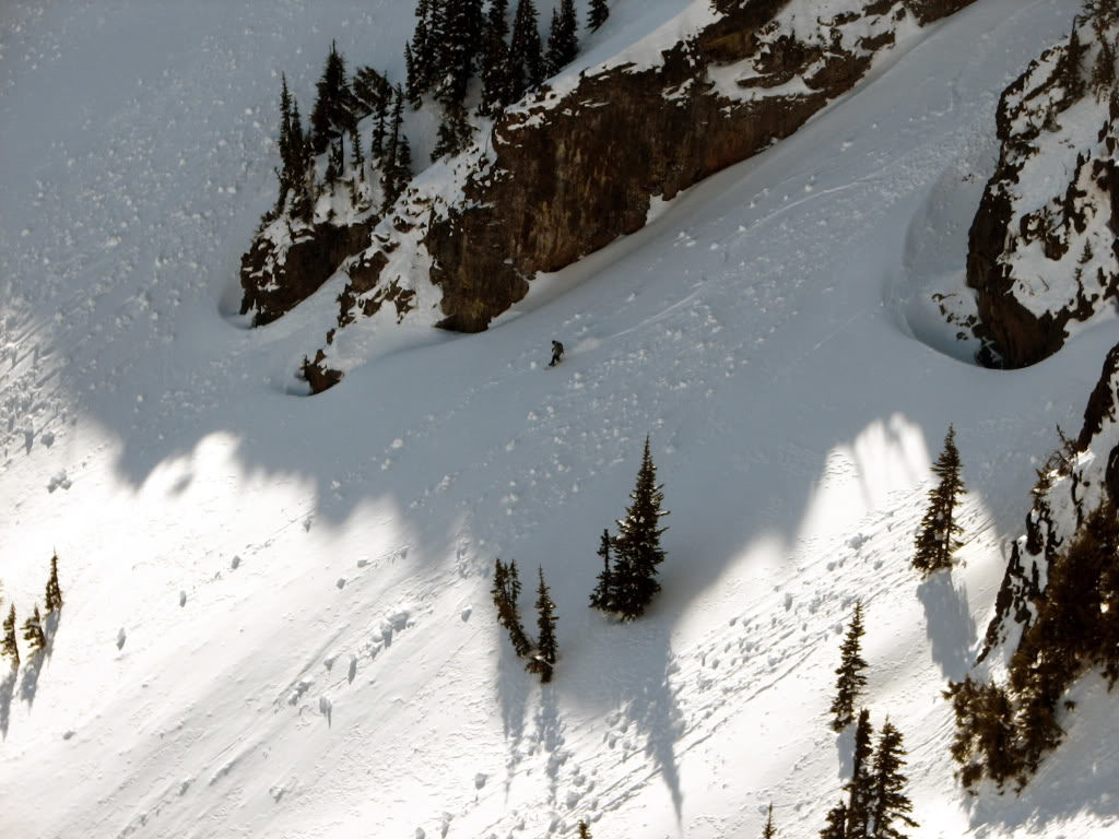 Riding down the lower apron of the Sheep Lake Chute