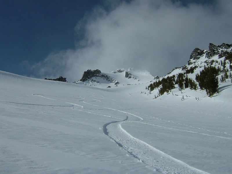 Our snowboard tracks down the Cascadian Couloir